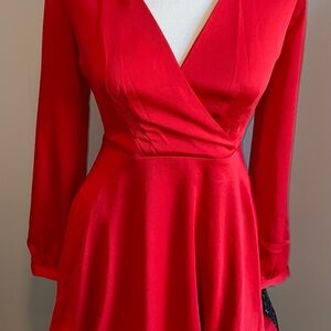 Express Red Fit and Flare Long Sleeve Dress